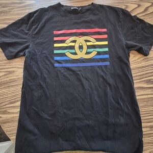 CHANEL Black Tee with Gold Logo and Colorful Stripes